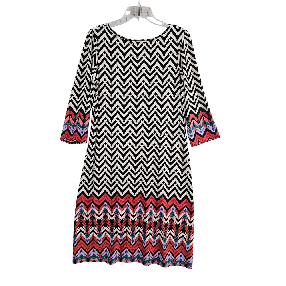London Times Chevron Sheath Dress Womens 12 Multi Color 3/4 Sleeve Geometric NEW - Picture 1 of 5